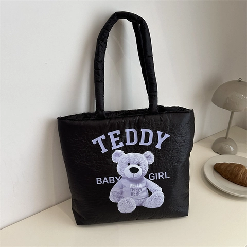 Gewatteerde Gewatteerde Draagtas Met Teddybeer Print Zachte Nylon Handtas Grote Capaciteit Casual Schoudertas
