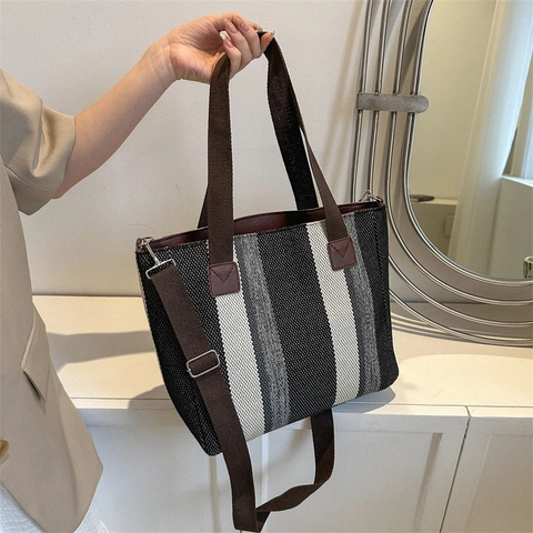 Borsa Tote In Tela A Righe Grande Capacità Borsa A Tracolla Tracolla Regolabile Donna Pendolare Casual Viaggio