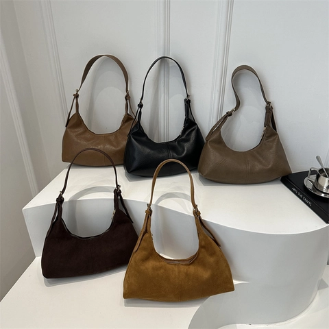 Bolso de Hombro de Cuero Artificial Gamuza Retro para Mujer Gran Capacidad Color Sólido Media Luna Hobo Tote Bag Diario
