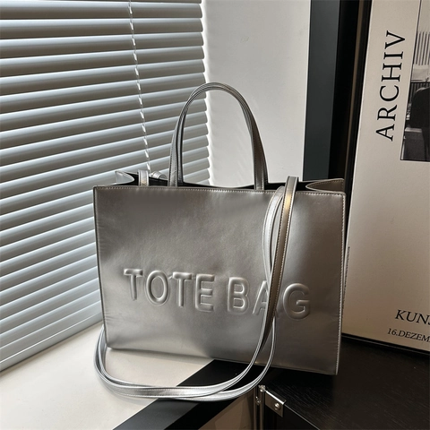 Bolso Tote de Cuero PU de Gran Capacidad para Mujer Letras en Relieve de Moda Bolso de Hombro Retro Bolso de Mano con Correa Larga