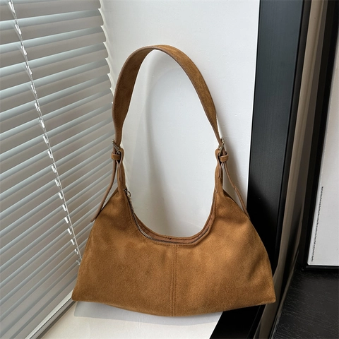 Women Retro Hobo Underarm Bag PU Leather And Faux Suede Solid Color Adjustable Strap Zipper Closure Shoulder Bag