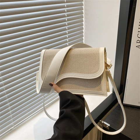 Borsa A Tracolla Da Donna Tela E Pelle PU Patta Con Bordo Ondulato Colore A Contrasto Retro Minimalista Quadrata Sottobraccio