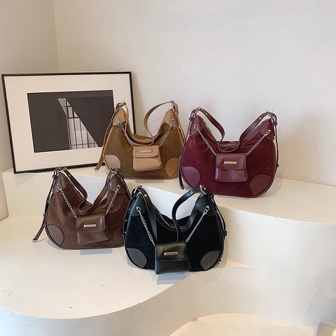 Damen Hobo Tasche Wildleder Patchwork Schulter Achsel Tasche Mit Mini Beutel Silberkette Retro Street Trend