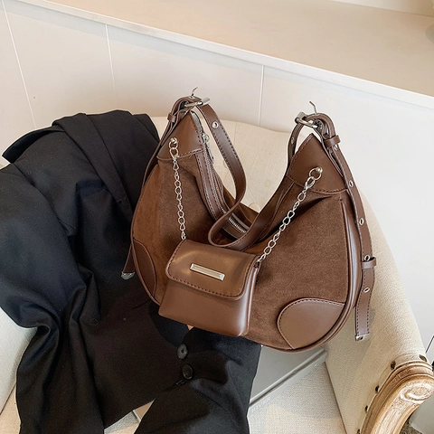 Damen Hobo Tasche Wildleder Patchwork Schulter Achsel Tasche Mit Mini Beutel Silberkette Retro Street Trend