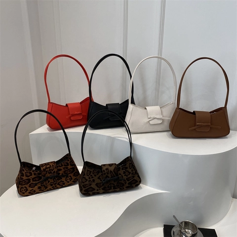Damen Unterarmtasche Schleife PU Leder Leopard Baguette Schultertasche Retro Minimalistisch Nische Design