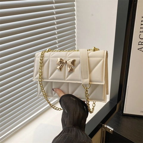 Women Quilted PU Leather Crossbody Bag With Gold Butterfly Bow Buckle Metal Chain Strap Trendy Chic Small Shoulder Bag