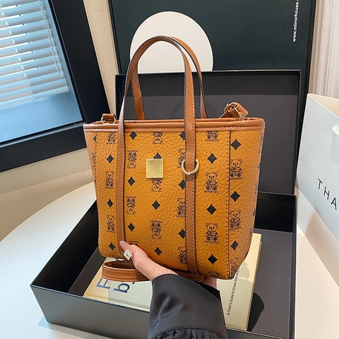 Retro Bär Print Bucket Tote Tasche PU Leder Handtasche Mit Verstellbarem Riemen Für Damen Mode Täglich Pendler Umhängetasche