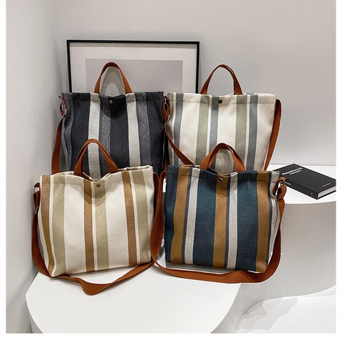 Gestreifte Canvas Tote Bag Große Handtasche Mit Verstellbarem Riemen Lässige Umhängetasche Für Damen