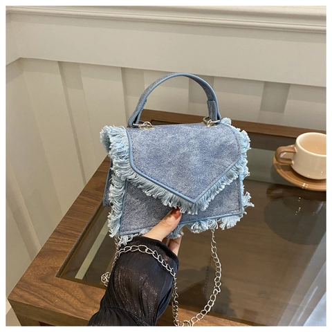 Denim Crossbody Bag Fringed Tassel Chain Strap Handbag Mini Vintage Small Square Bag For Women