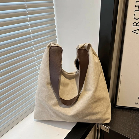 Large Capacity Women Faux Suede Shoulder Bag Retro Hobo Tote Minimalist Commuter Handbag Solid Color Magnetic Buckle
