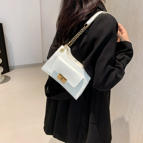 Chic PU Leather Crossbody Bag For Women Trendy Metal Chain Shoulder Baguette Bag With Square Lock Flip Cover