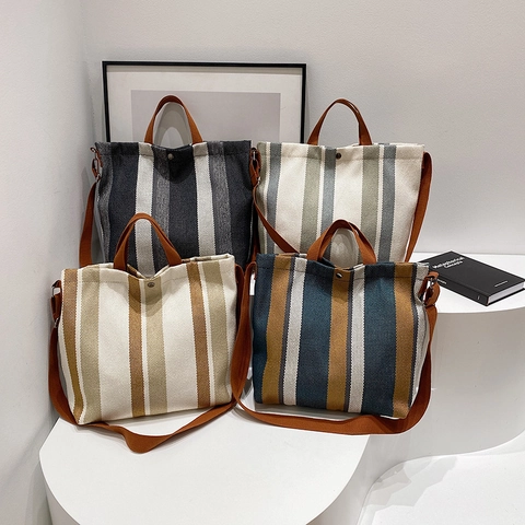 Bolso Tote De Lona A Rayas De Gran Capacidad Color En Contraste Bolso De Hombro Casual Con Correa Ajustable Para Mujer