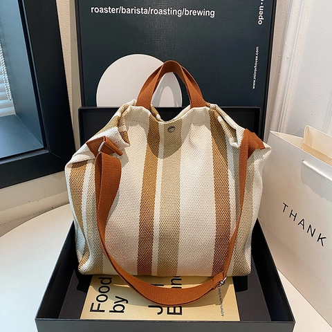 Bolso Tote De Lona A Rayas De Gran Capacidad Color En Contraste Bolso De Hombro Casual Con Correa Ajustable Para Mujer