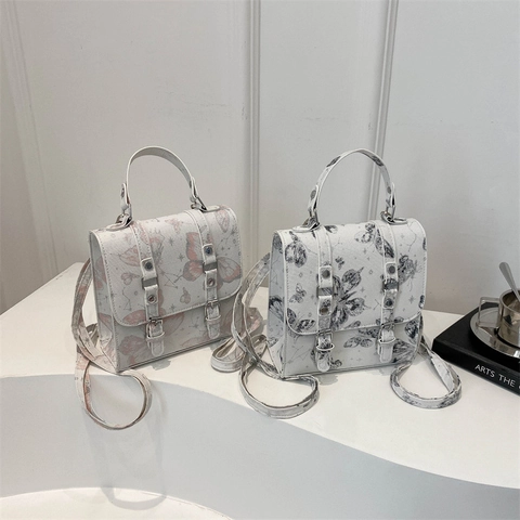 Butterfly Print PU Leather Small Square Bag Retro Top Handle Shoulder Crossbody Handbag Mini Backpack For Women