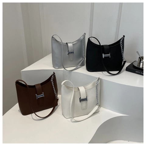 Borsa Sottobraccio Donna Minimalista Pelle PU Fibbia Metallica a Forma di H Tracolla a Catena Borsa a Spalla Chic Casual