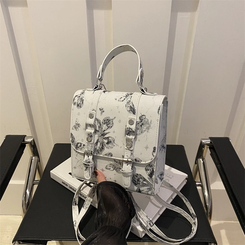 Butterfly Print PU Leather Small Square Bag Retro Top Handle Shoulder Crossbody Handbag Mini Backpack For Women