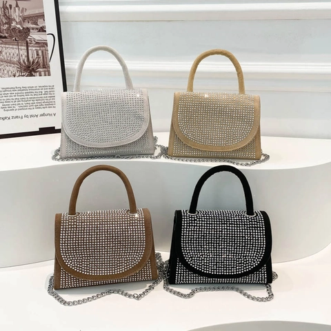 Rhinestone Women Handbag PU Suede Small Square Bag With Chain Strap Fashion Crossbody Bag For Party Daily Banquet Gift