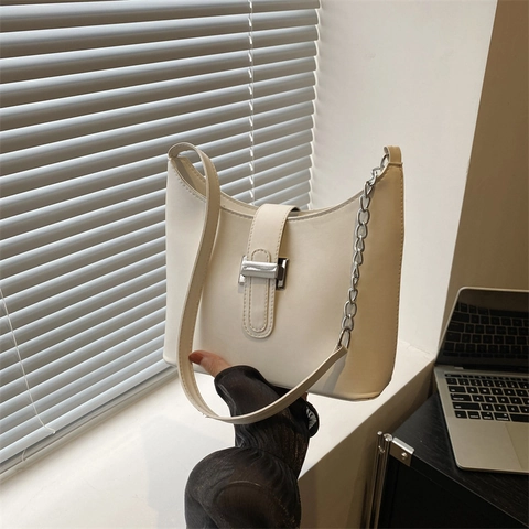 Sac À Épaule Femme En Cuir PU Avec Boucle Métallique Et Bandoulière Chaîne Sac Hobo Minimaliste Style Urbain Rétro Chic