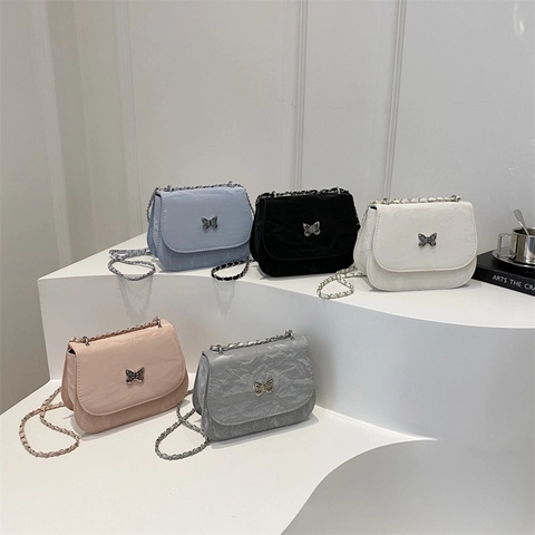 Butterfly Metal Clasp Flap Shoulder Bag Crinkled PU Leather Chain Strap Small Trendy Crossbody Purse For Women