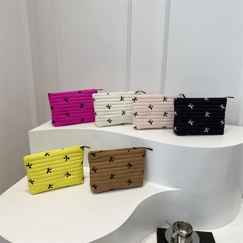 Borsa Da Toilette Trapuntata Ricamo Fiocco Organizzatore Trucco Portatile Pochette Cerniera Custodia Viaggio Moda Donna