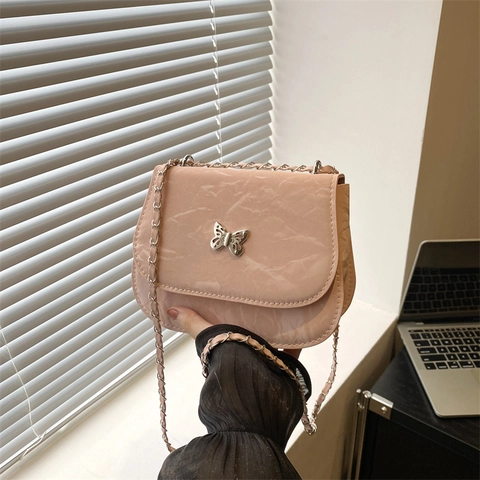 Butterfly Metal Clasp Flap Shoulder Bag Crinkled PU Leather Chain Strap Small Trendy Crossbody Purse For Women
