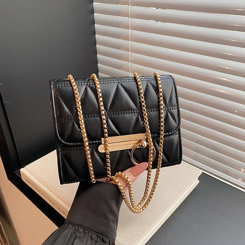 Quilted Triangle Pattern Shoulder Bag PU Leather Fashion Crossbody Bag With Golden Chain Strap And Metal Ring Buckle