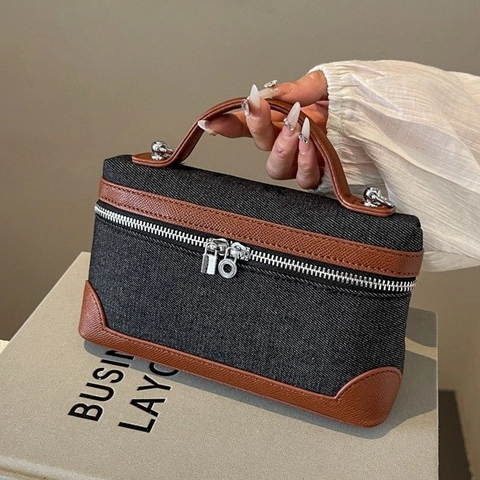 Retro Denim Patchwork Crossbody Bag Vintage PU Leather Trim Small Square Handbag With Top Handle Adjustable Strap