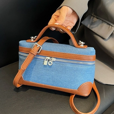 Retro Denim Patchwork Crossbody Bag Vintage PU Leather Trim Small Square Handbag With Top Handle Adjustable Strap