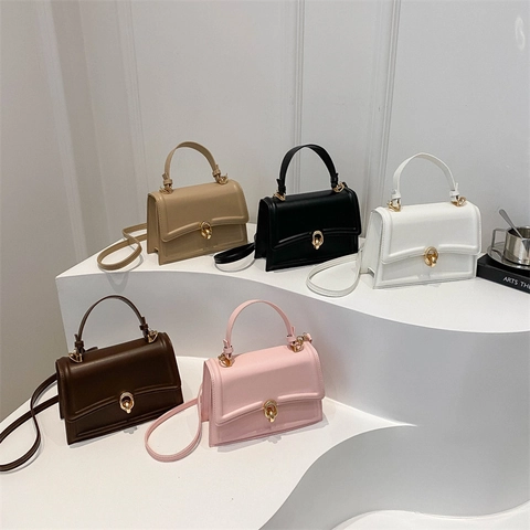 Women Crossbody Bag PU Leather Small Square Handbag With Golden Metal Buckle Top Handle Adjustable Strap Solid Color