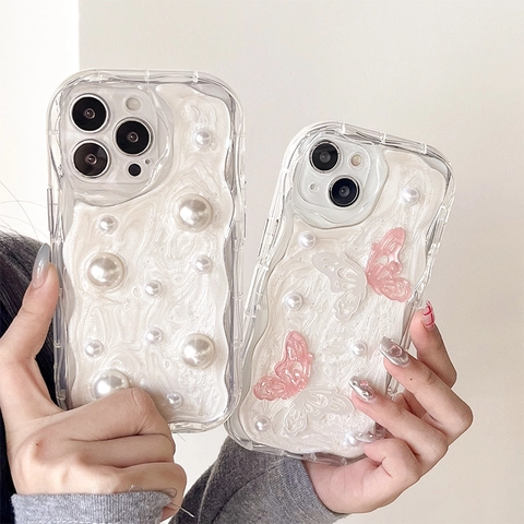 Smartphone Case 3D Cream Glue Wave Texture Resin Butterfly Artificial Pearl Inlay Shockproof Aesthetic Protective Cover Girls Women