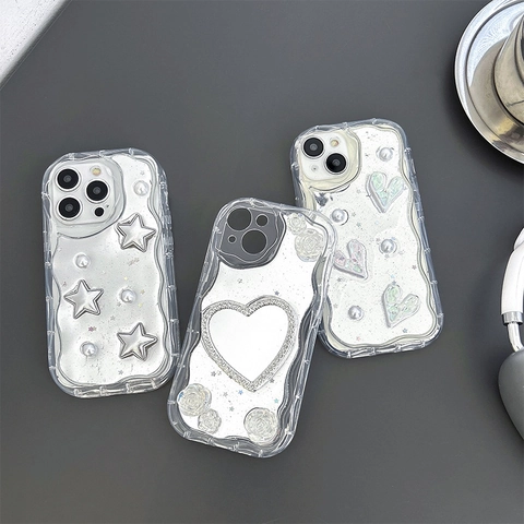 Custodia Per Telefono Bordo Ondulato Specchio Cuore Stella Perla Artificial Fiore 3D Glitter Lusso Stile Ins Per Smartphone