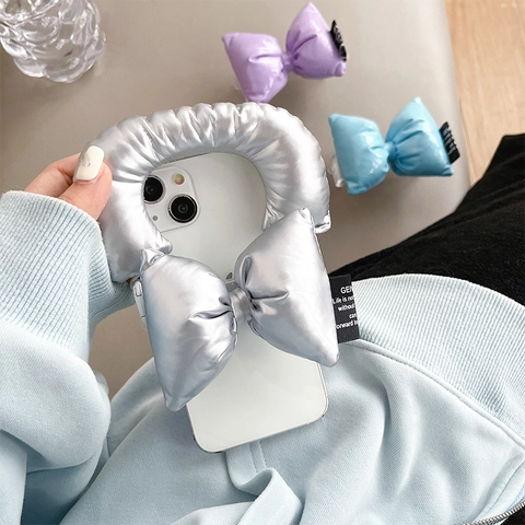 Clip Arrière De Téléphone Nœud Bouffant Cuir PU Métallique Matelassé Dragonne Poignée Accessoire Décoratif Pour Femme