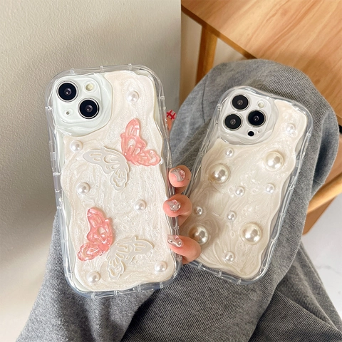 Smartphone Case 3D Cream Glue Wave Texture Resin Butterfly Artificial Pearl Inlay Shockproof Aesthetic Protective Cover Girls Women