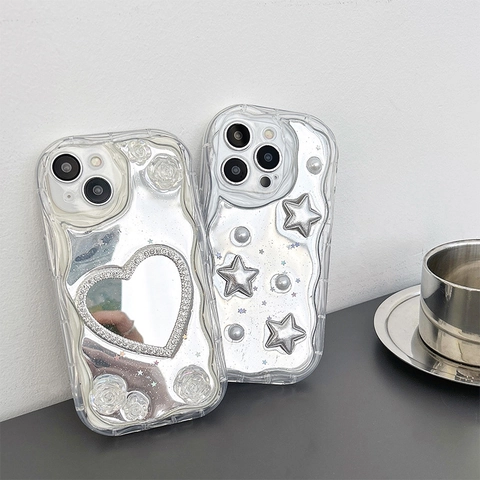 Custodia Per Telefono Bordo Ondulato Specchio Cuore Stella Perla Artificial Fiore 3D Glitter Lusso Stile Ins Per Smartphone