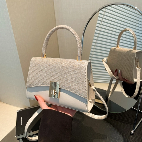 Women Shoulder Bag PU Leather Sequin Patchwork Handbag Crossbody Metal Rotary Lock Handle Elegant Fashion Small Purse