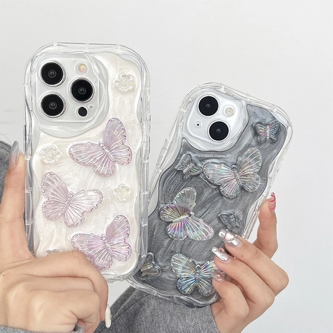 Custodia Per Telefono Farfalla Fiore Morbido TPU Antiurto Laser Olografico Texture Ondulata Cover Protettiva Per IPhone