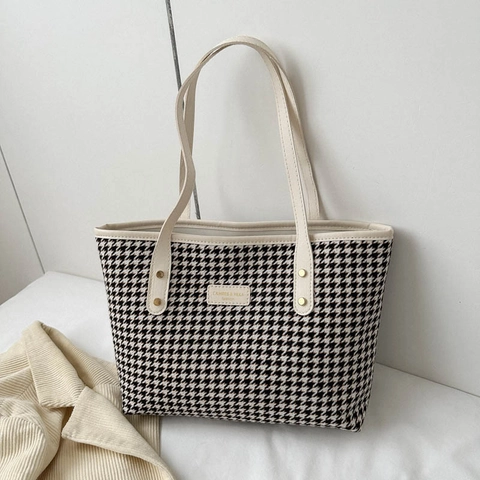 Vintage Houndstooth Tote Bag Large Capacity Fabric Canvas Shoulder Bag With Leather Handles Rivet Decor Fashion Women Handbag