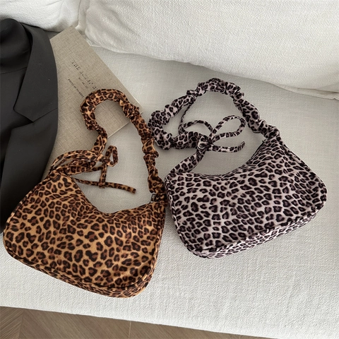 Borsa Sottoascella Leopardata Tela Tracolla Arricciata Mezza Luna Hobo Moda Di Strada Donne Cerniera