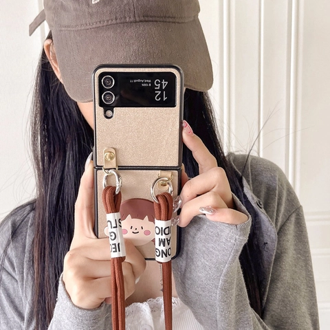 Crossbody Flip Phone Case Faux Leather Folding Screen Protective Cover Braided Strap Cartoon Girl Glitter For Women