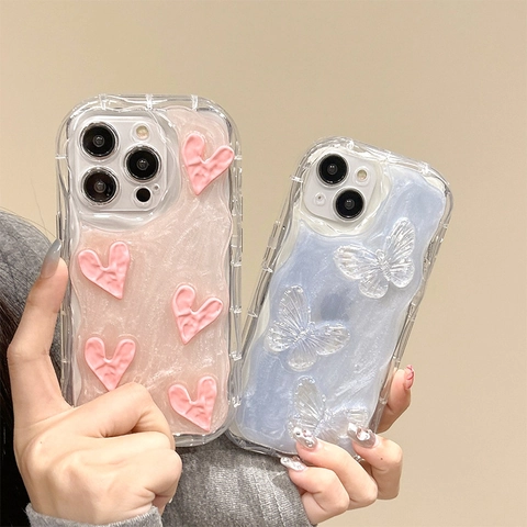 TPU Phone Case With Three Dimensional Heart And Butterfly Decoration Pleated Wave Texture Pearlescent Shimmer Ins Style