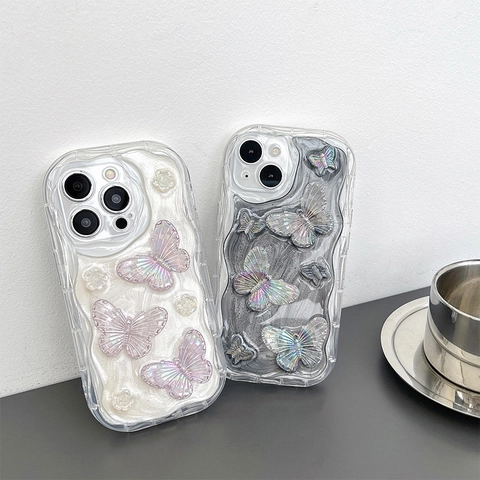 Custodia Per Telefono Farfalla Fiore Morbido TPU Antiurto Laser Olografico Texture Ondulata Cover Protettiva Per IPhone