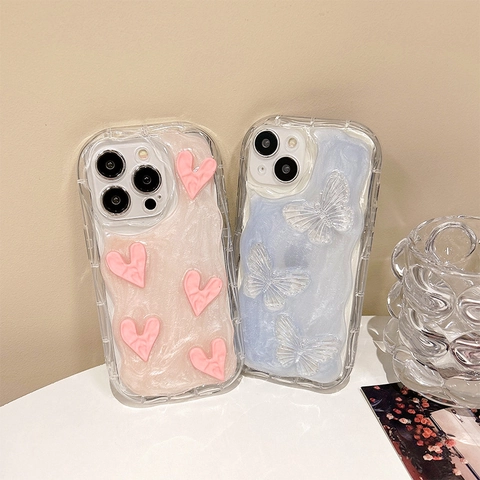 TPU Phone Case With Three Dimensional Heart And Butterfly Decoration Pleated Wave Texture Pearlescent Shimmer Ins Style