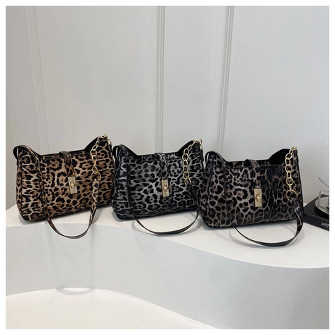 Borsa Sottoascellare Vintage in Pelle PU con Stampa Leopardata da Donna Borsa a Spalla Fashion Street Style con Catena in Metallo