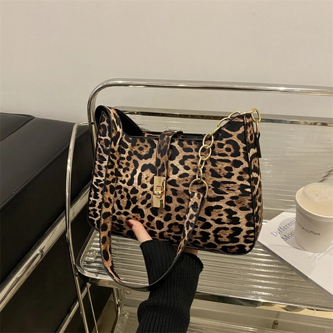Borsa A Spalla Vintage Con Stampa Leopardata Da Donna Borsa Sottobraccio In Pelle PU Con Serratura In Metallo E Catena