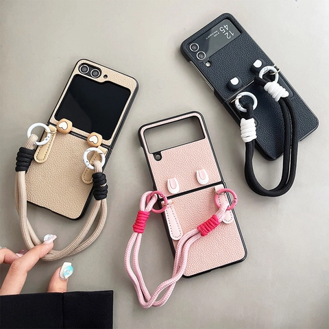 Leather Foldable Phone Case With Braided Hand Strap Cartoon Ears Heart Metal Ring Anti-Fingerprint Shockproof Cover