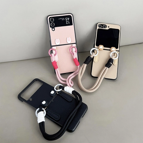 Leather Foldable Phone Case With Braided Hand Strap Cartoon Ears Heart Metal Ring Anti-Fingerprint Shockproof Cover