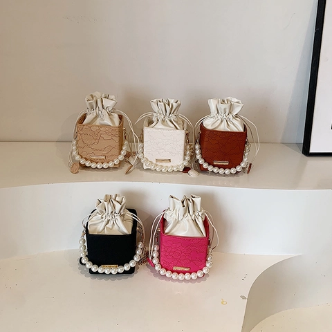 Vintage Spitze Geprägte Box Eimer Tasche Für Frauen Elegante PU Leder Künstliche Perle Griff Handtasche Kordelzug Schulter Umhängetasche