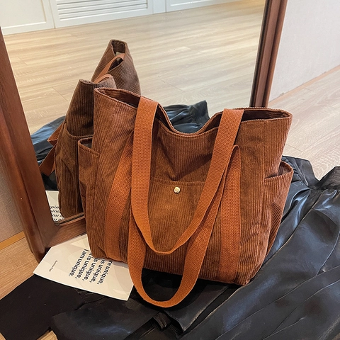 Corduroy Tote Bag Large Capacity Shoulder Handbag Vintage Casual Commuting Multi Pocket Zipper Solid Color Women