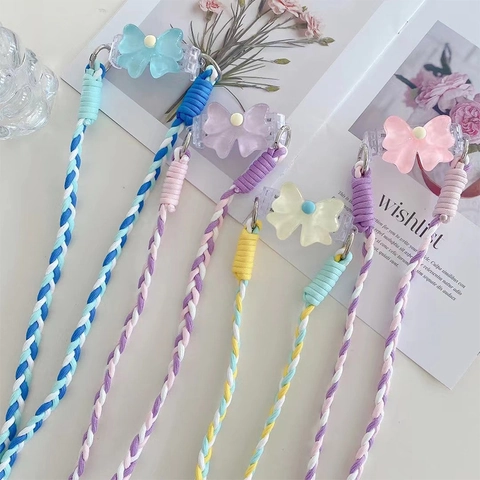 Adjustable Nylon Rope Phone Lanyard With Resin Bow Clip Crossbody Detachable Anti Drop Handwoven Strap For Women