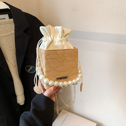 Vintage Spitze Geprägte Box Eimer Tasche Für Frauen Elegante PU Leder Künstliche Perle Griff Handtasche Kordelzug Schulter Umhängetasche